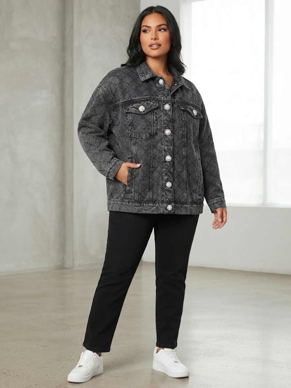 Fashion Nova Quilted Black Washed Lined Denim Jacket with rhinestone Pearl snaps